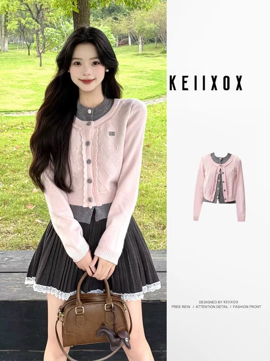 Pink faux two-piece knitted cardigan for women, absolutely gorgeous and stylish Korean-style short sweater coat for autumn and winter.