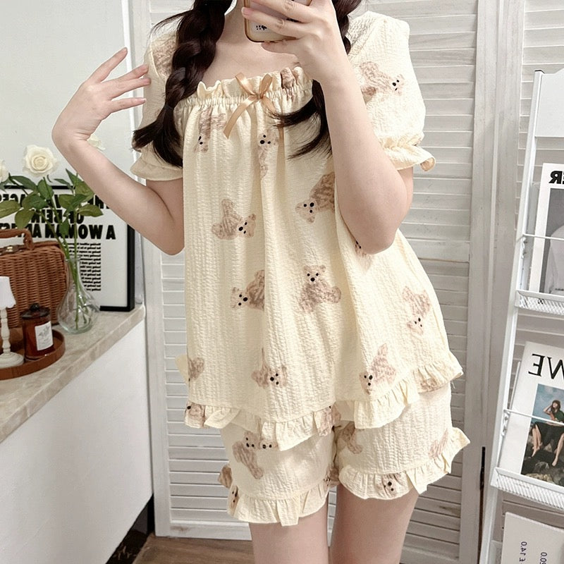 Summer thin short-sleeved pajamas for women Korean style summer princess style sweet lace pure cotton cardigan home wear set