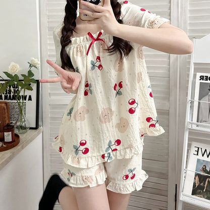 Summer thin short-sleeved pajamas for women Korean style summer princess style sweet lace pure cotton cardigan home wear set