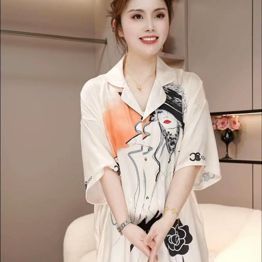 Ice and snow silk herringbone pattern nightdress for women summer 2025 new style apricot beauty shirt dress thin pajamas