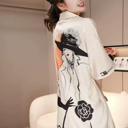 Ice and snow silk herringbone pattern nightdress for women summer 2025 new style apricot beauty shirt dress thin pajamas