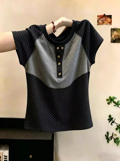 Shenzhen Nanyou Brand Women's Short-Sleeve Round Neck T-Shirt, Summer New Style, American Style, Versatile, Slim Fit, Polka Dot Color Block Top
