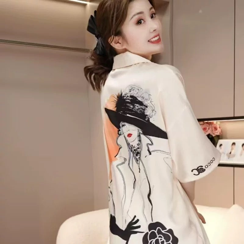 Ice and snow silk herringbone pattern nightdress for women summer 2025 new style apricot beauty shirt dress thin pajamas