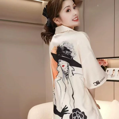 Ice and snow silk herringbone pattern nightdress for women summer 2025 new style apricot beauty shirt dress thin pajamas