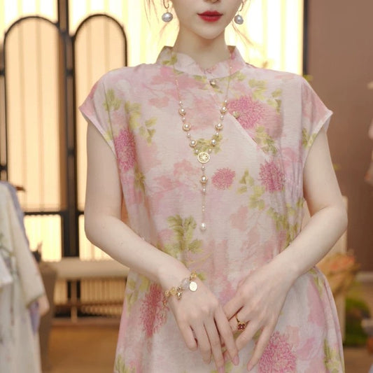 2025 New Chinese Improved Chinese Oblique Lapel Spring and Summer Women's Loose Dress FB25041120