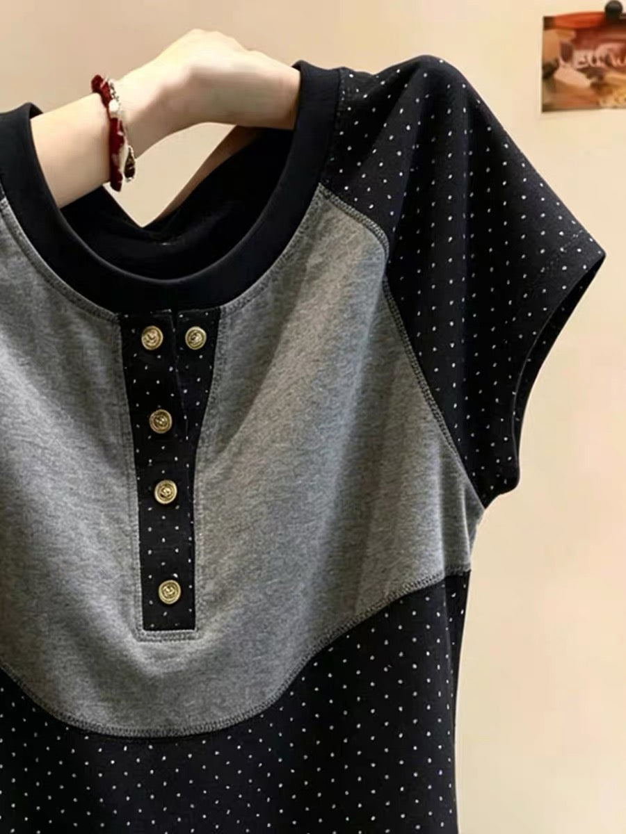 Shenzhen Nanyou Brand Women's Short-Sleeve Round Neck T-Shirt, Summer New Style, American Style, Versatile, Slim Fit, Polka Dot Color Block Top