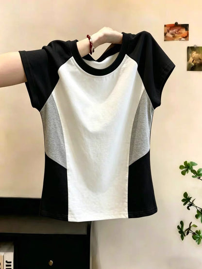Shenzhen Nanyou Brand Women's American Style Versatile Short-Sleeve T-Shirt, Summer Slim Fit, Unique Color Block Top, Trendy