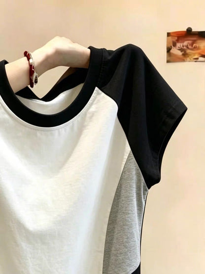 Shenzhen Nanyou Brand Women's American Style Versatile Short-Sleeve T-Shirt, Summer Slim Fit, Unique Color Block Top, Trendy