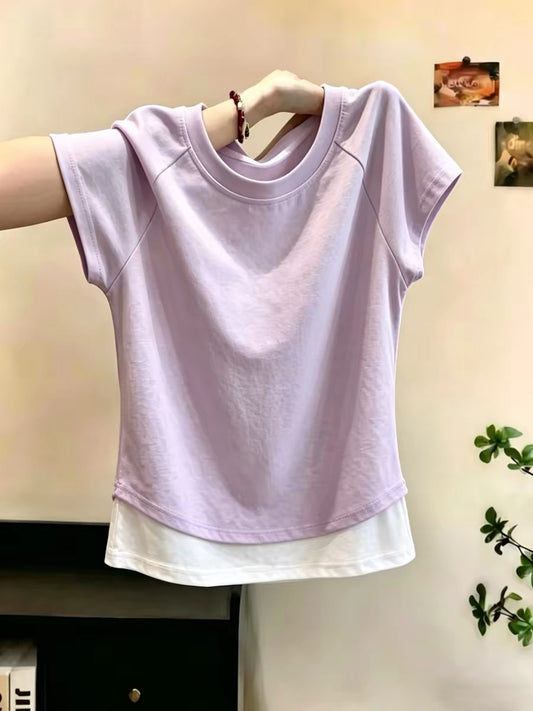 Shenzhen Nanyou Brand Women's Clothing ~ Round Neck T-Shirt, Slim Fit, Versatile Design, Purple Top, 2026 Summer Trend