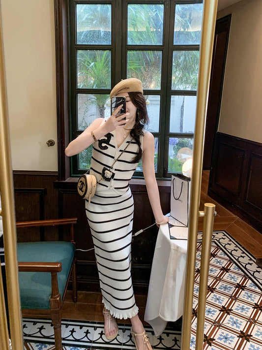 Fish Rabbit's Rabbit Small Fragrance Style Striped Suit Women's 2024 New Summer Mid-Length Sleeveless Two-piece Skirt