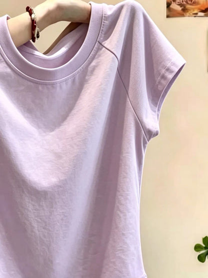 Shenzhen Nanyou Brand Women's Clothing ~ Round Neck T-Shirt, Slim Fit, Versatile Design, Purple Top, 2026 Summer Trend