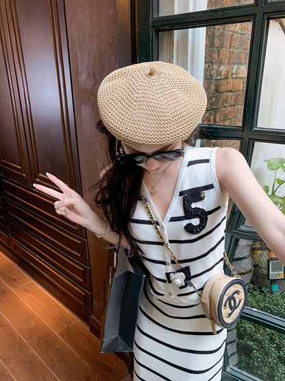 Fish Rabbit's Rabbit Small Fragrance Style Striped Suit Women's 2024 New Summer Mid-Length Sleeveless Two-piece Skirt