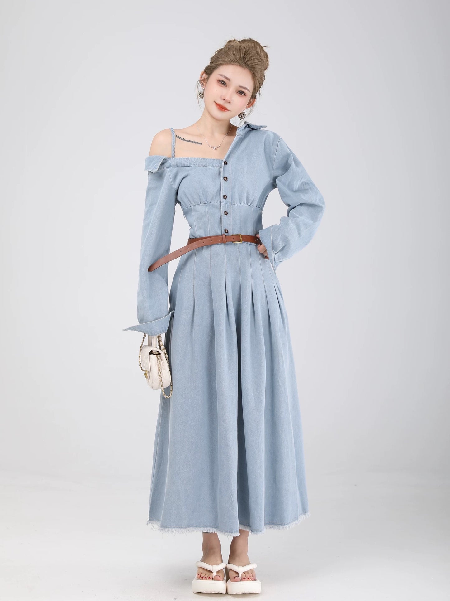 Xiao P clothing station early spring temperament denim dress women's spring and autumn tea break French pleated long skirt niche design skirt