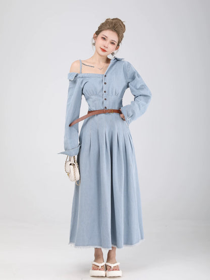 Xiao P clothing station early spring temperament denim dress women's spring and autumn tea break French pleated long skirt niche design skirt