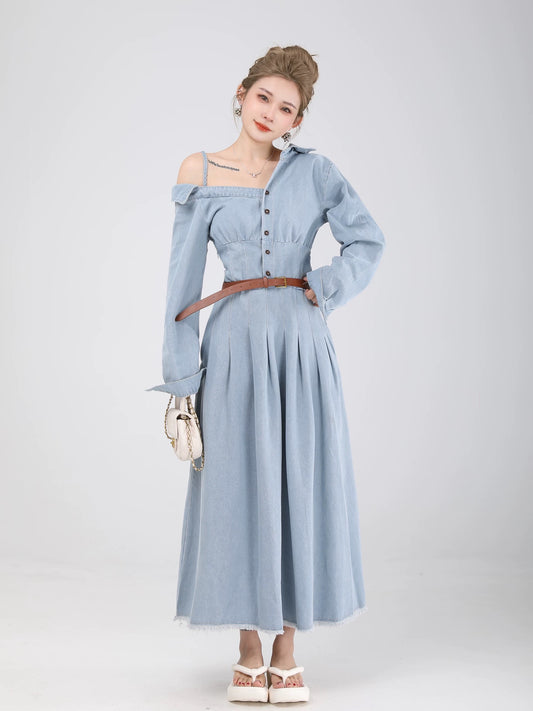 Xiao P clothing station early spring temperament denim dress women's spring and autumn tea break French pleated long skirt niche design skirt