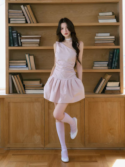 【LaluneDuCiel】 Women’s Summer A-Line One-Shoulder Sleeveless Dress – A Sweet, Unique-Design Mini Dress