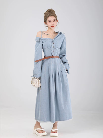 Xiao P clothing station early spring temperament denim dress women's spring and autumn tea break French pleated long skirt niche design skirt