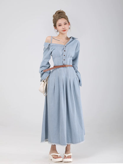 Xiao P clothing station early spring temperament denim dress women's spring and autumn tea break French pleated long skirt niche design skirt