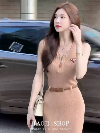 High-end temperament lady age-reducing knitted long skirt 2025 spring French niche design inner dress for women
