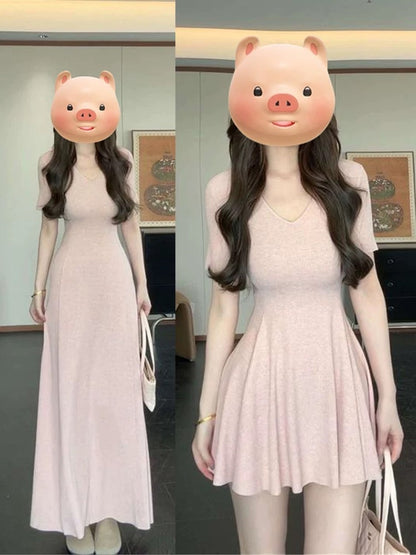 Unique and beautiful waist skirt 2025 new style temperament slim waist short-sleeved T-shirt skirt V-neck dress children summer