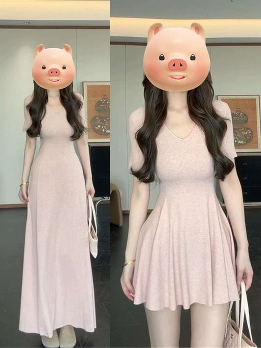 Unique and beautiful waist skirt 2025 new style temperament slim waist short-sleeved T-shirt skirt V-neck dress children summer