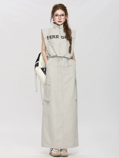 Xiao P clothing station American casual suit skirt women's summer high waist workwear long skirt sleeveless vest high-end two-piece suit