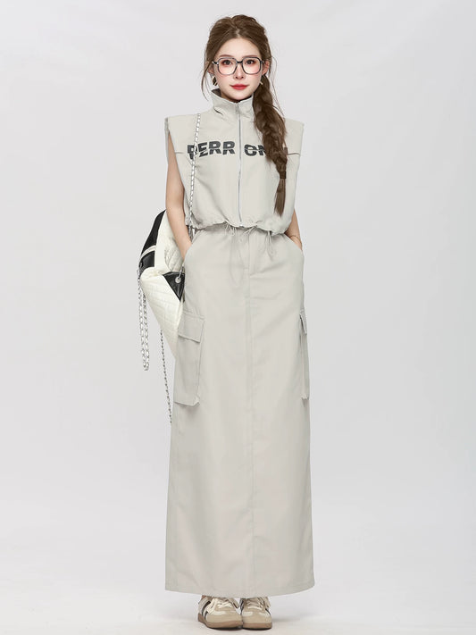 Xiao P clothing station American casual suit skirt women's summer high waist workwear long skirt sleeveless vest high-end two-piece suit