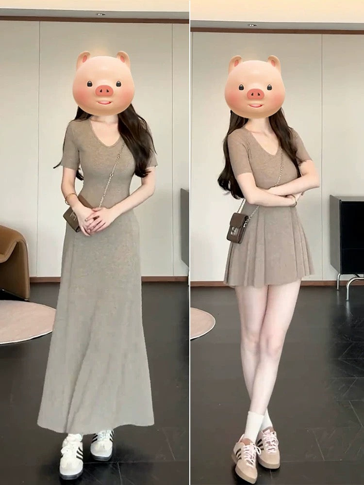 Unique and beautiful waist skirt 2025 new style temperament slim waist short-sleeved T-shirt skirt V-neck dress children summer