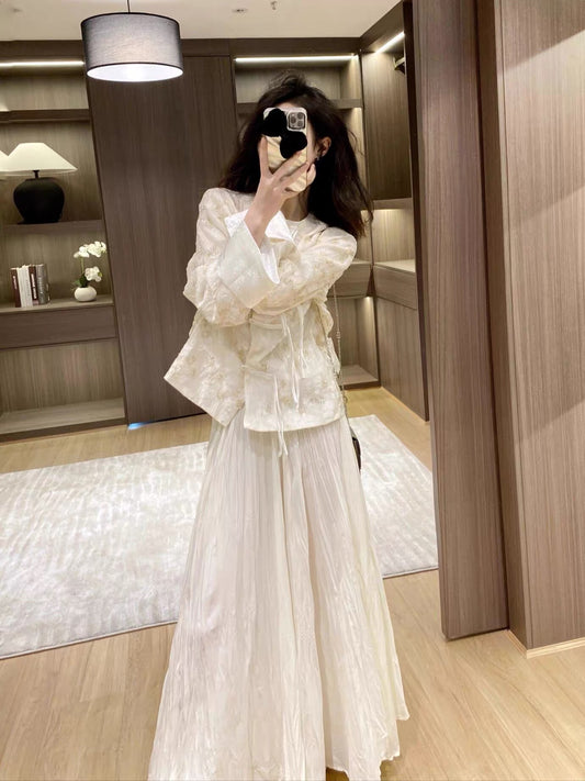 New Chinese style women's clothing, traditional Chinese style, spring and autumn fashion set, summer wear, high-end feel, button-down top, shirt and skirt two-piece set