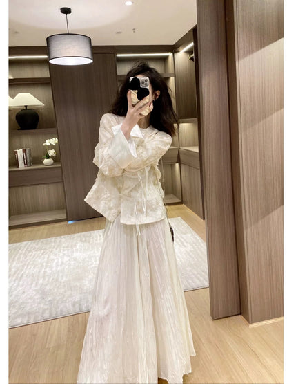 New Chinese style women's clothing, traditional Chinese style, spring and autumn fashion set, summer wear, high-end feel, button-down top, shirt and skirt two-piece set
