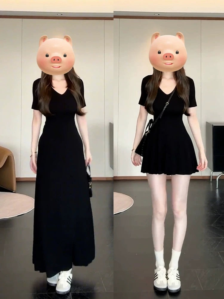 Unique and beautiful waist skirt 2025 new style temperament slim waist short-sleeved T-shirt skirt V-neck dress children summer