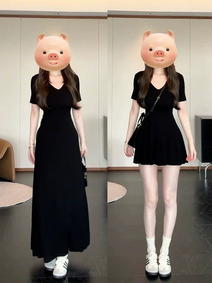 Unique and beautiful waist skirt 2025 new style temperament slim waist short-sleeved T-shirt skirt V-neck dress children summer