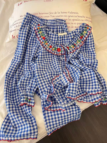 Women’s fresh-style blue plaid embroidered pajama set – 2026 spring/autumn new collection, featuring a sophisticated, high-end look with long-sleeved top and trousers.