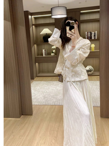 New Chinese style women's clothing, traditional Chinese style, spring and autumn fashion set, summer wear, high-end feel, button-down top, shirt and skirt two-piece set