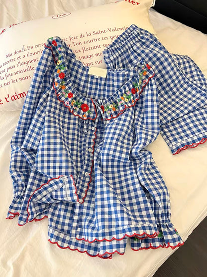 Women’s fresh-style blue plaid embroidered pajama set – 2026 spring/autumn new collection, featuring a sophisticated, high-end look with long-sleeved top and trousers.