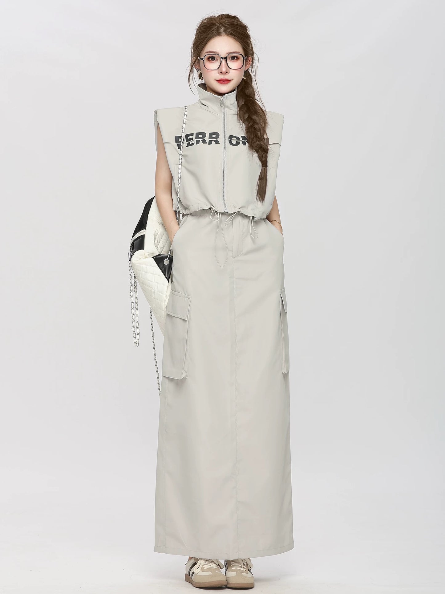 Xiao P clothing station American casual suit skirt women's summer high waist workwear long skirt sleeveless vest high-end two-piece suit