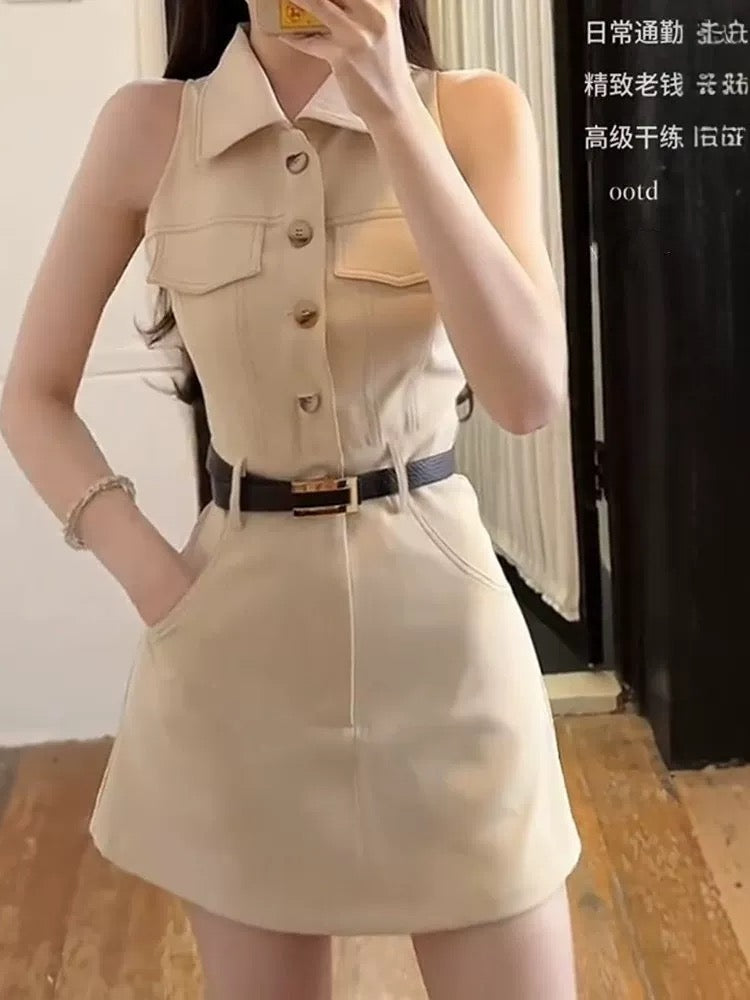 Korean style temperament POLO collar medium high waist sleeveless dress female spring and summer old money style design waist A-line short skirt