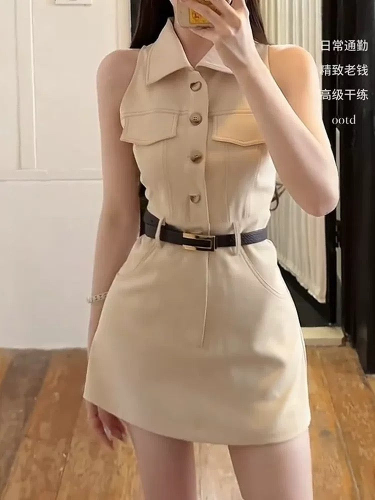 Korean style temperament POLO collar medium high waist sleeveless dress female spring and summer old money style design waist A-line short skirt
