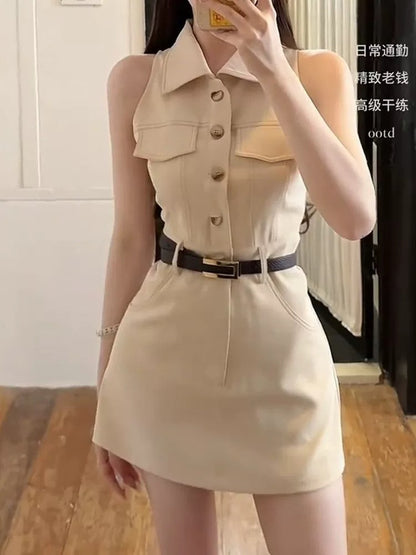 Korean style temperament POLO collar medium high waist sleeveless dress female spring and summer old money style design waist A-line short skirt