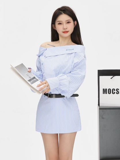 Small P clothing station one shoulder striped shirt dress women's spring and autumn Korean style waist slimming pure waist skirt