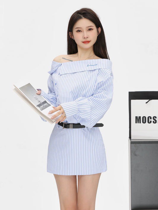 Small P clothing station one shoulder striped shirt dress women's spring and autumn Korean style waist slimming pure waist skirt