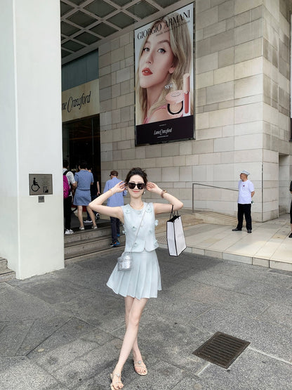 Fish Rabbit's Rabbit Xiaoxiangfeng summer dress with a complete set of pleated skirt suit for women two-piece suit skirt