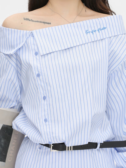 Small P clothing station one shoulder striped shirt dress women's spring and autumn Korean style waist slimming pure waist skirt