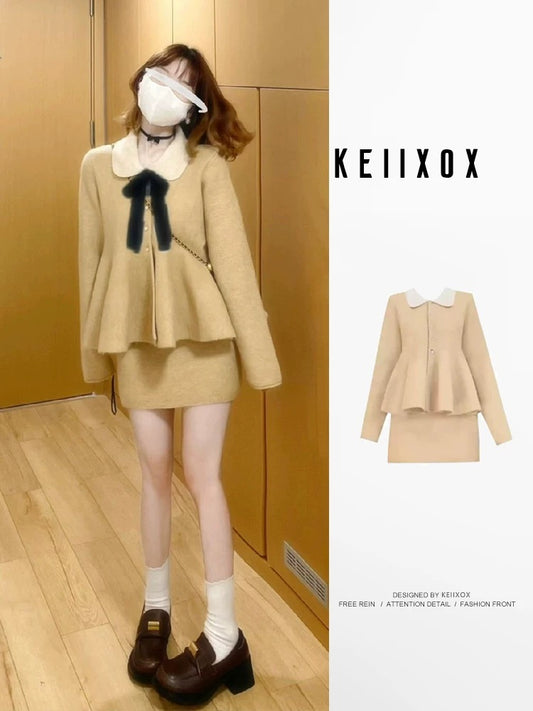 A sophisticated Korean-style Chanel-inspired two-piece winter outfit: a Peter Pan collar knit sweater and skirt set.