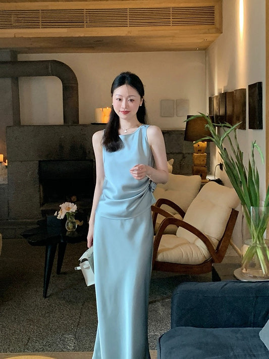 Wang Hanyan Cool Temperament Imitation Acetate Satin Design Suit Feminine Skirt Top Two-piece Summer Set for Women