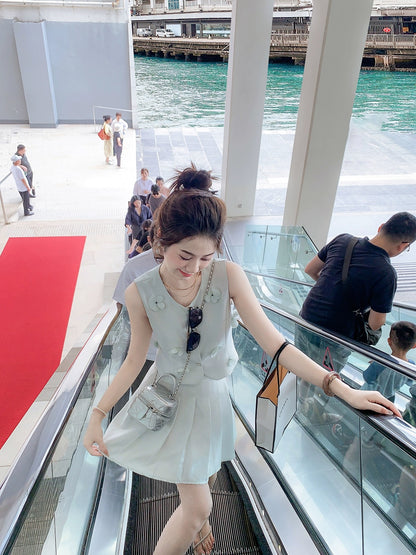 Fish Rabbit's Rabbit Xiaoxiangfeng summer dress with a complete set of pleated skirt suit for women two-piece suit skirt