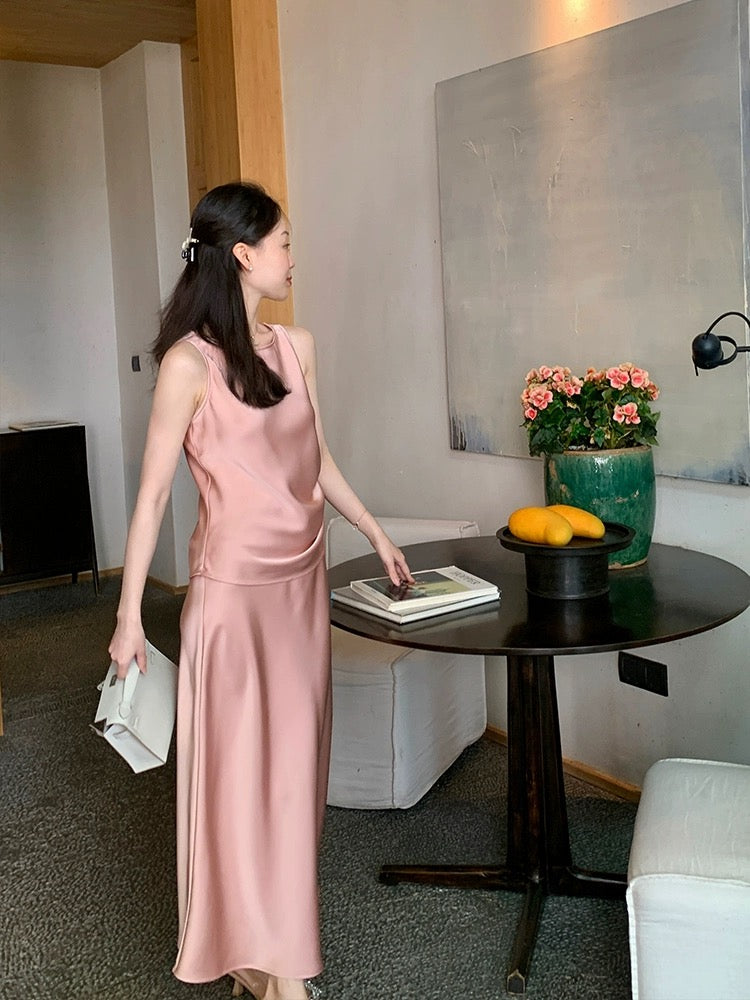 Wang Hanyan Cool Temperament Imitation Acetate Satin Design Suit Feminine Skirt Top Two-piece Summer Set for Women