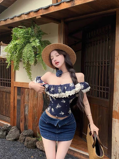 JingLI French Vintage Floral One-Shoulder T-Shirt for Women – Summer Ruffled, Waist-Cinching, Cropped Top