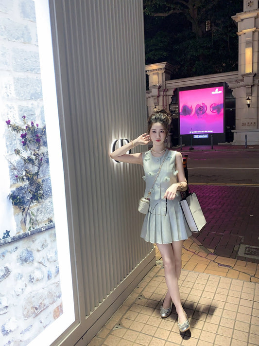 Fish Rabbit's Rabbit Xiaoxiangfeng summer dress with a complete set of pleated skirt suit for women two-piece suit skirt