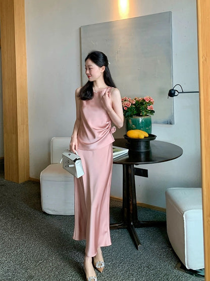 Wang Hanyan Cool Temperament Imitation Acetate Satin Design Suit Feminine Skirt Top Two-piece Summer Set for Women